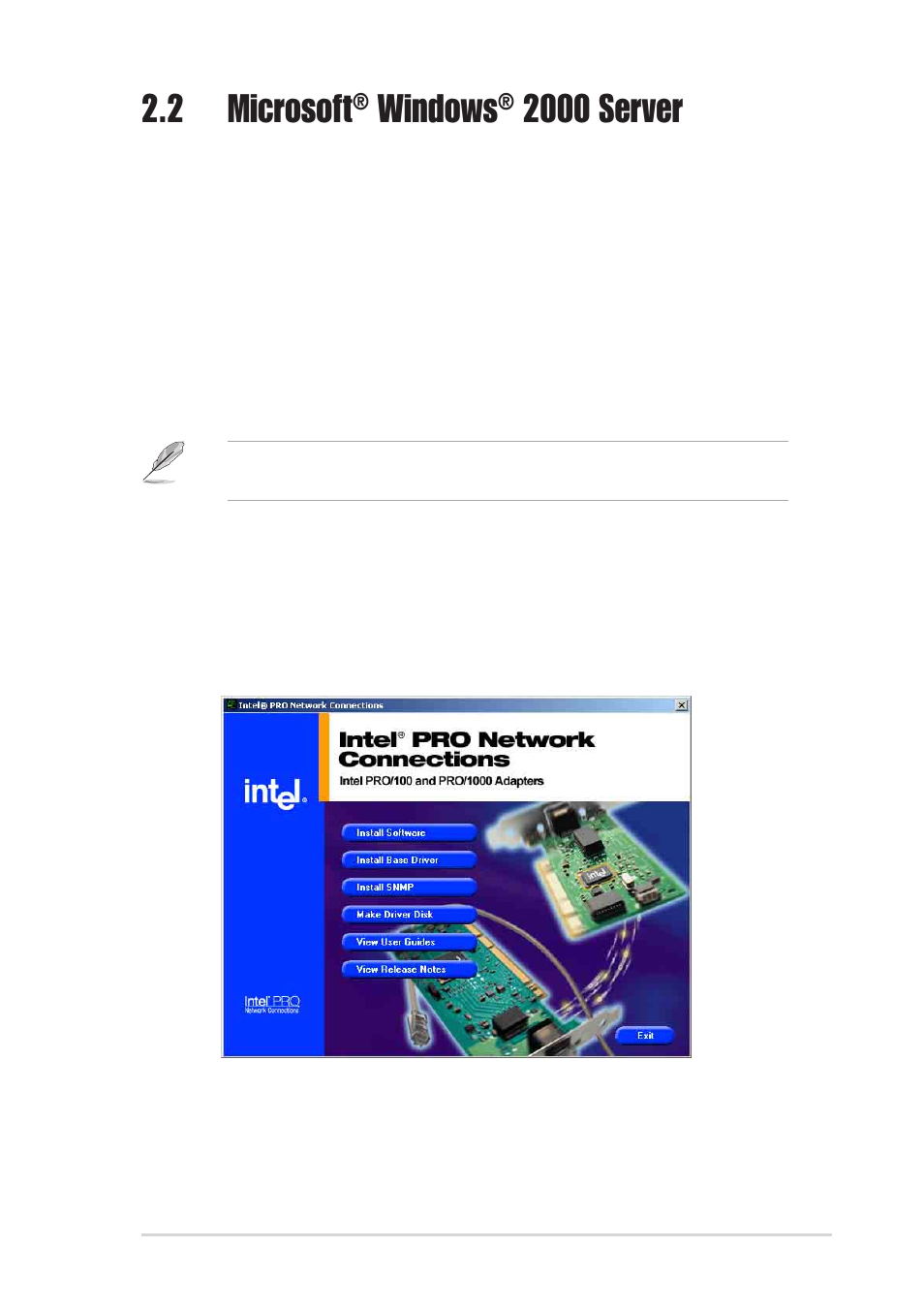 2 microsoft, Windows, 2000 server | 1 intel, Lan driver installation | Asus PXI-G45 User Manual | Page 19 / 32