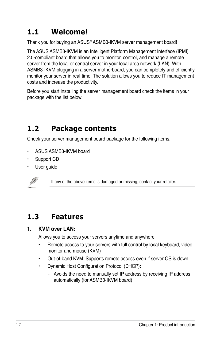 1 welcome, 2 package contents, 3 features | Welcome! -2, Package contents -2, Features -2 | Asus ASMB3-iKVM User Manual | Page 12 / 62