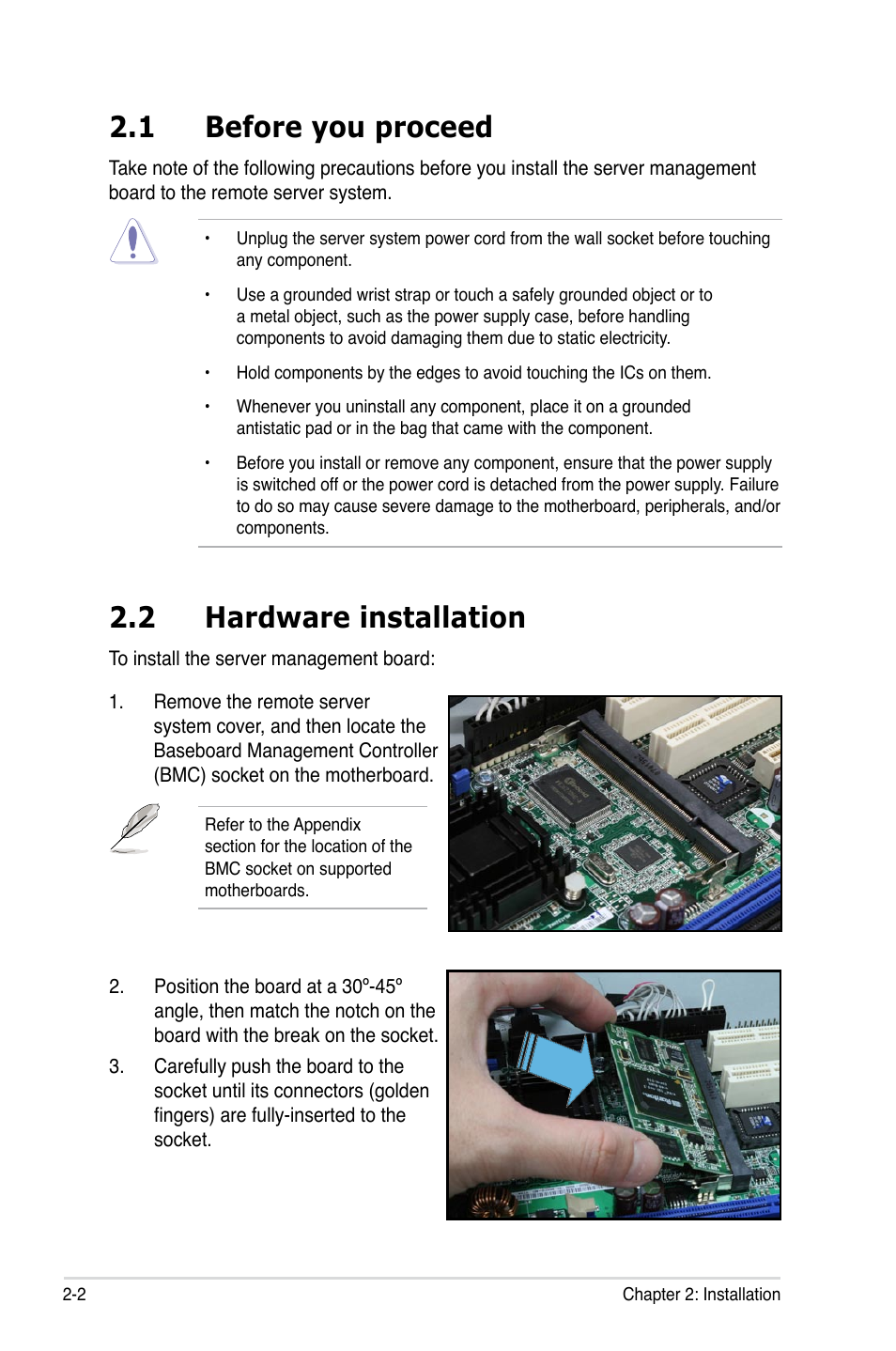 1 before you proceed, 2 hardware installation, Before you proceed -2 | Hardware installation -2 | Asus ASMB3-iKVM User Manual | Page 18 / 62