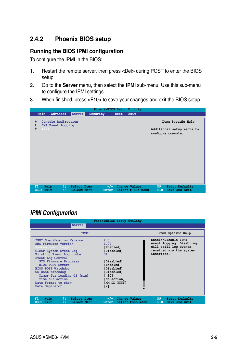 2 phoenix bios setup, Phoenix bios setup -9, Ipmi configuration | Running the bios ipmi configuration, Asus asmb3-ikvm 2-9 | Asus ASMB3-iKVM User Manual | Page 25 / 62