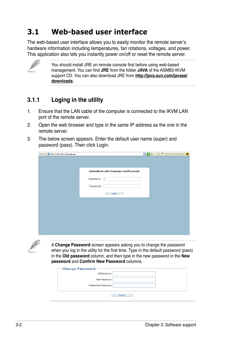 1 web-based user interface, 1 loging in the utility, Web-based user interface -2 3.1.1 | Loging in the utility -2 | Asus ASMB3-iKVM User Manual | Page 34 / 62