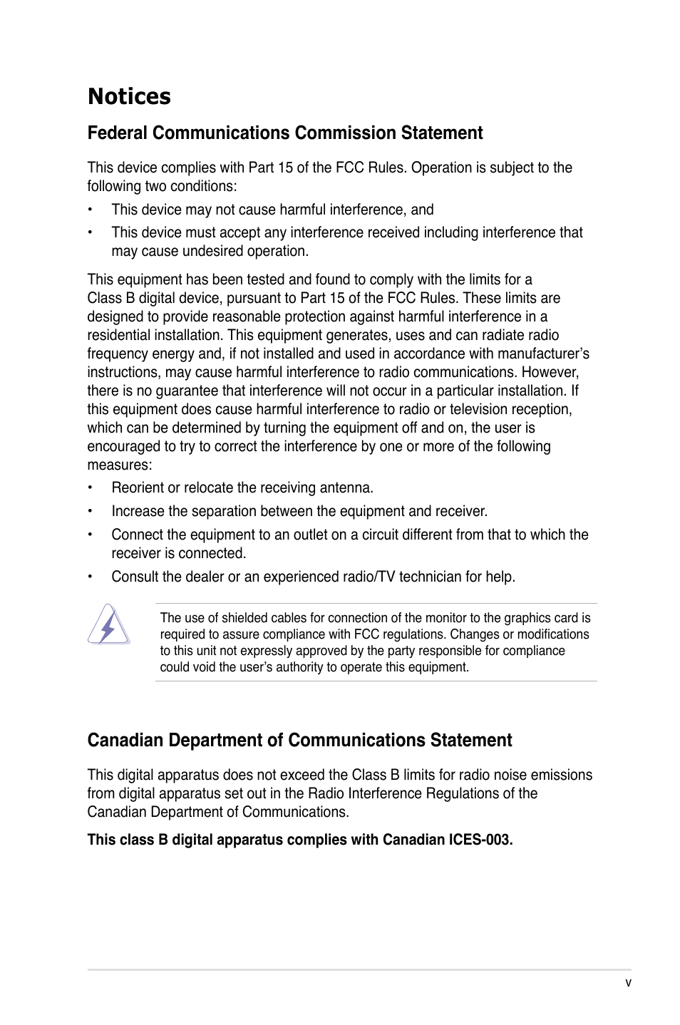 Notices, Federal communications commission statement, Canadian department of communications statement | Asus ASMB3-iKVM User Manual | Page 5 / 62