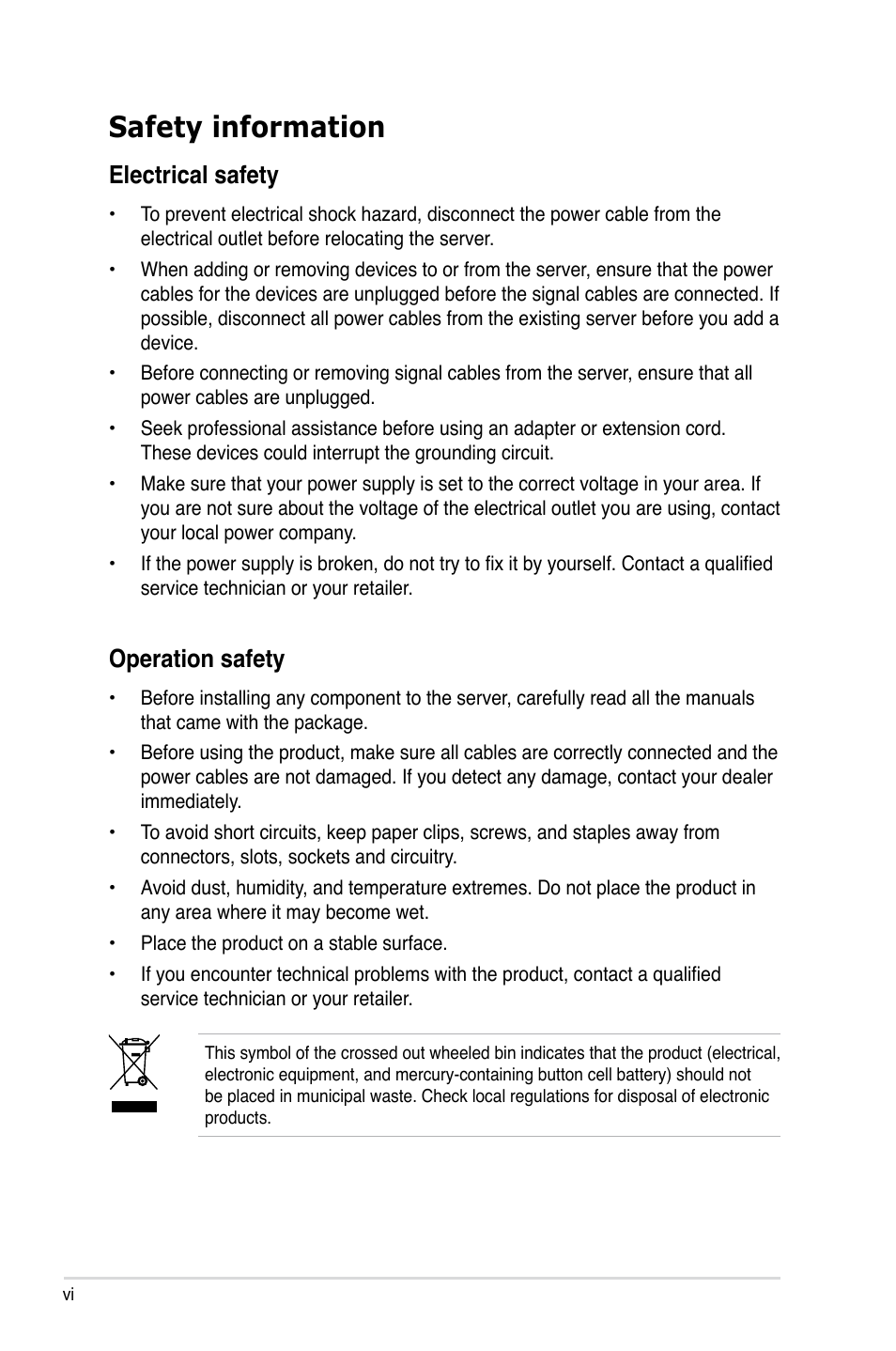 Safety information, Electrical safety, Operation safety | Asus ASMB3-iKVM User Manual | Page 6 / 62