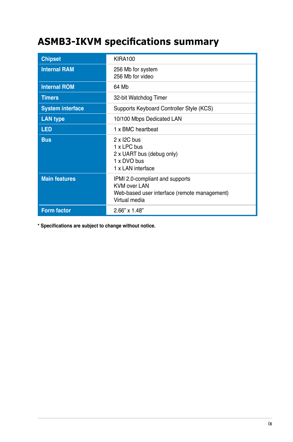 Asmb3-ikvm specifications summary | Asus ASMB3-iKVM User Manual | Page 9 / 62