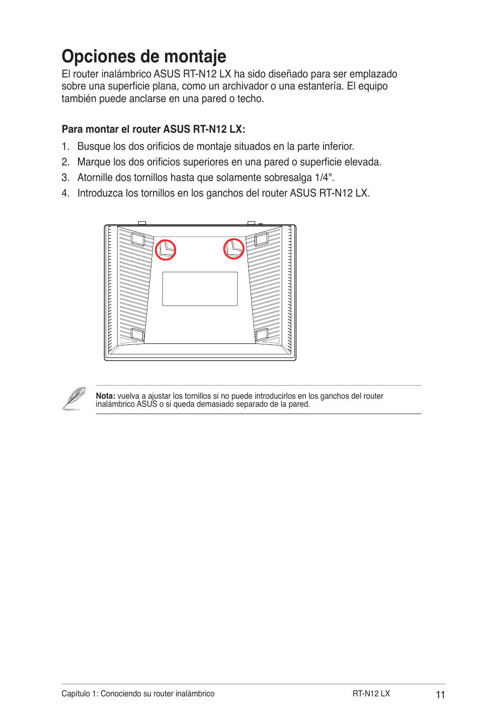 Opciones de montaje | Asus RT-N12LX User Manual | Page 11 / 46