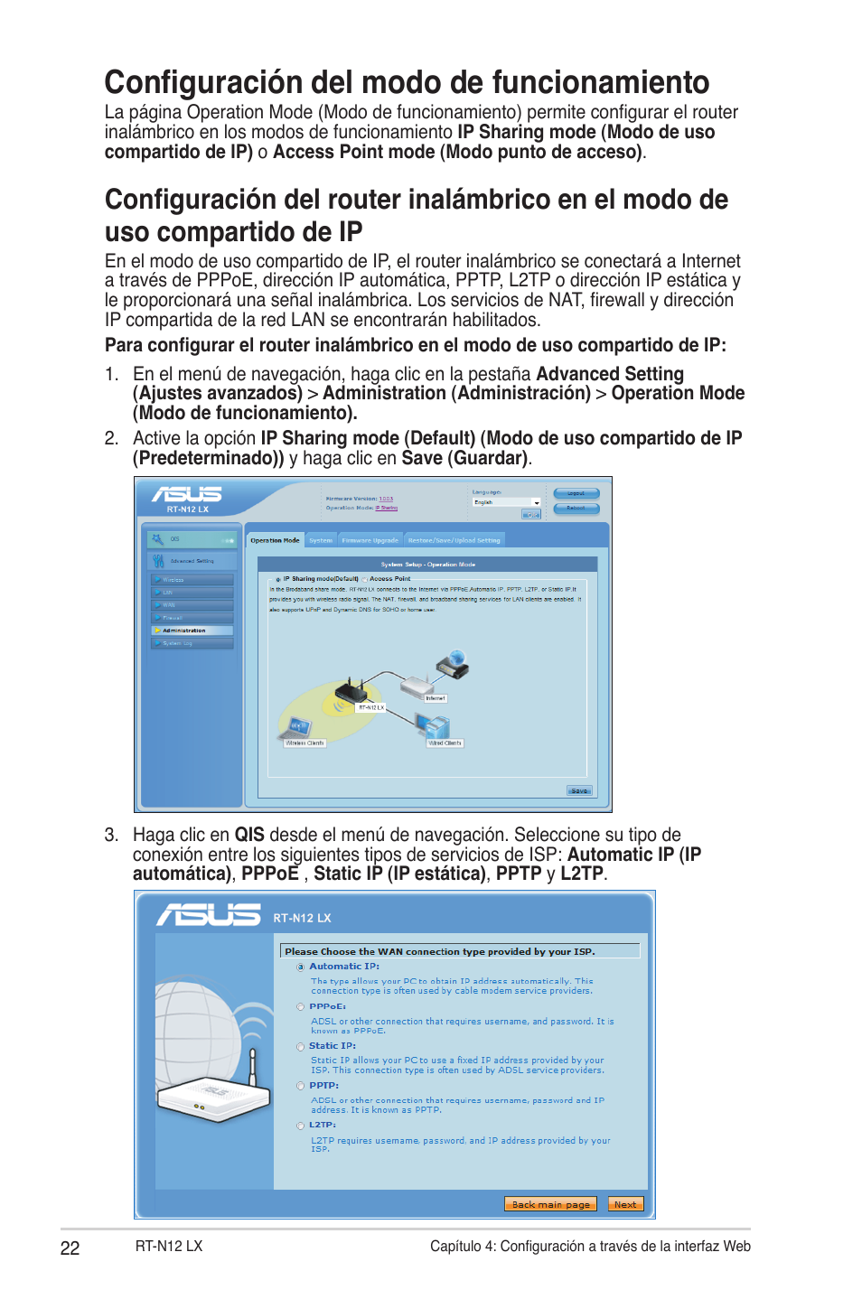 Configuración del modo de funcionamiento, Compartido de ip | Asus RT-N12LX User Manual | Page 22 / 46
