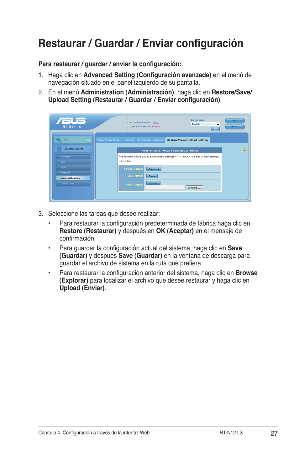 Restaurar / guardar / enviar configuración | Asus RT-N12LX User Manual | Page 27 / 46