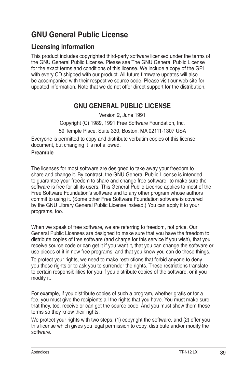 Gnu general public license, Licensing information | Asus RT-N12LX User Manual | Page 39 / 46