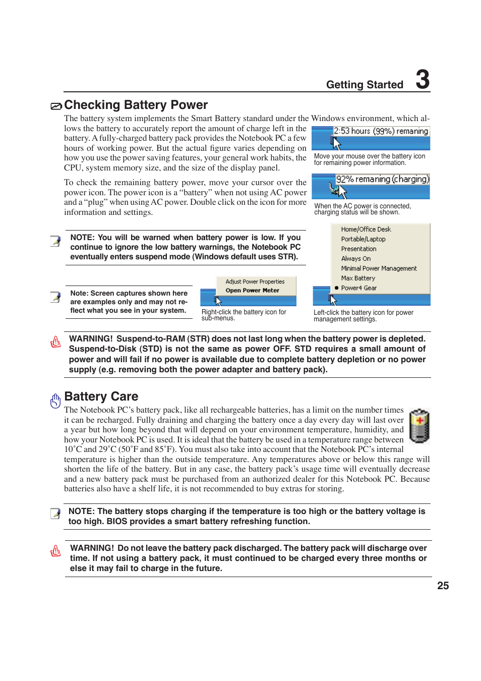 Checking battery power, Battery care | Asus W6F User Manual | Page 25 / 69