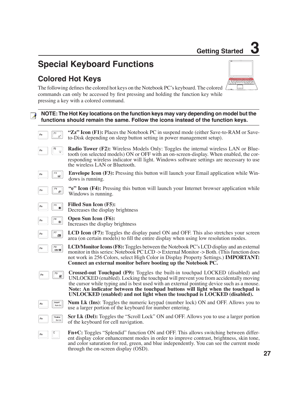 Special keyboard functions, Colored hot keys | Asus W6F User Manual | Page 27 / 69