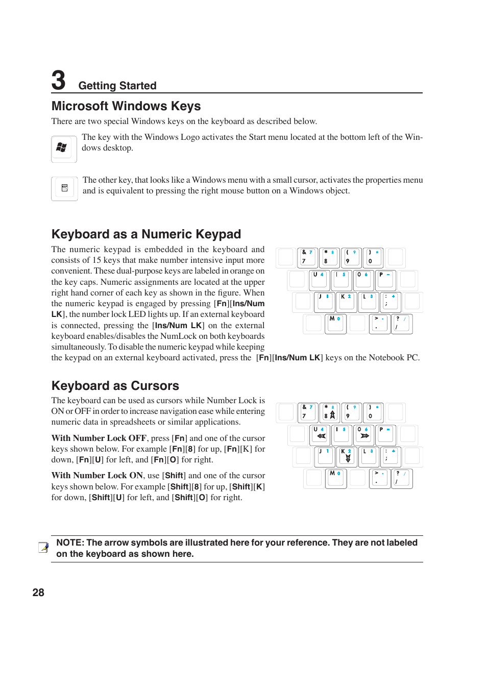 Microsoft windows keys, Keyboard as a numeric keypad, Keyboard as cursors | Getting started | Asus W6F User Manual | Page 28 / 69