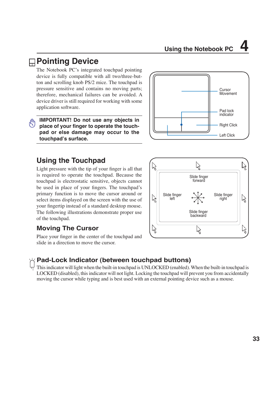 Pointing device, Using the touchpad | Asus W6F User Manual | Page 33 / 69