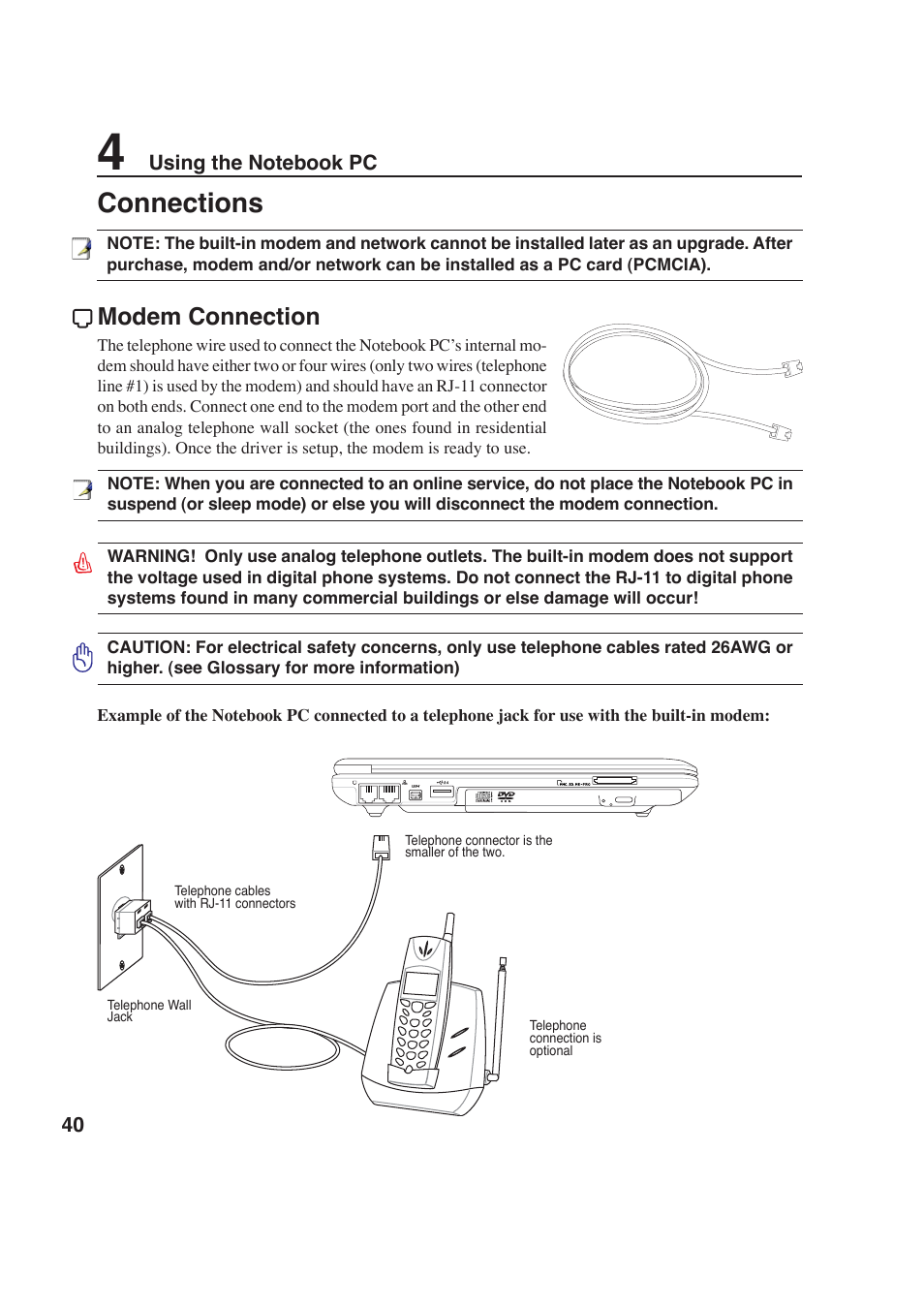 Connections, Modem connection | Asus W6F User Manual | Page 40 / 69