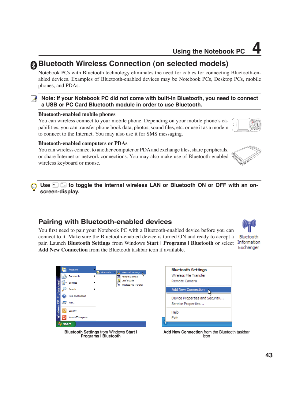 Bluetooth wireless connection (on selected models), Pairing with bluetooth-enabled devices | Asus W6F User Manual | Page 43 / 69