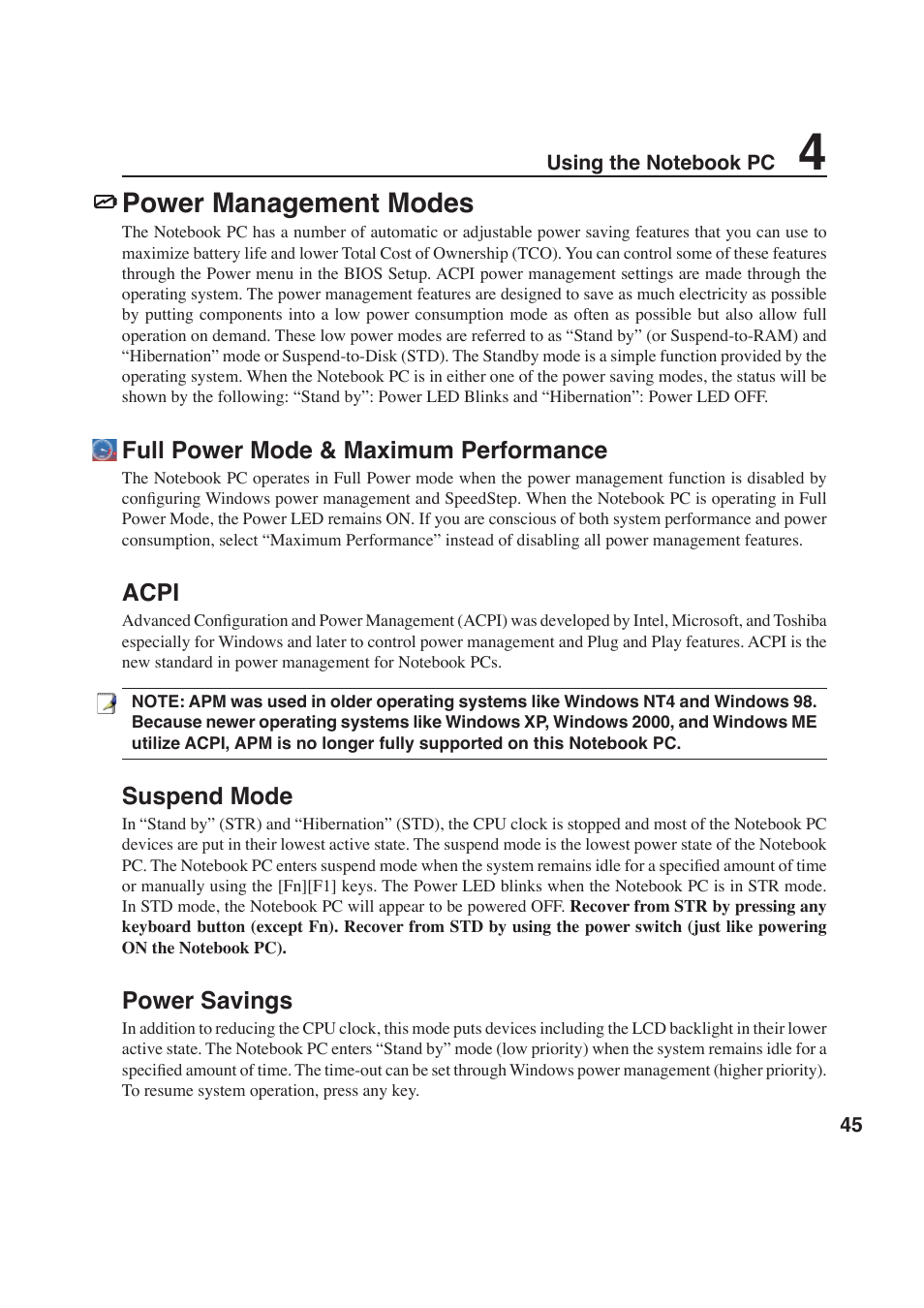 Power management modes | Asus W6F User Manual | Page 45 / 69