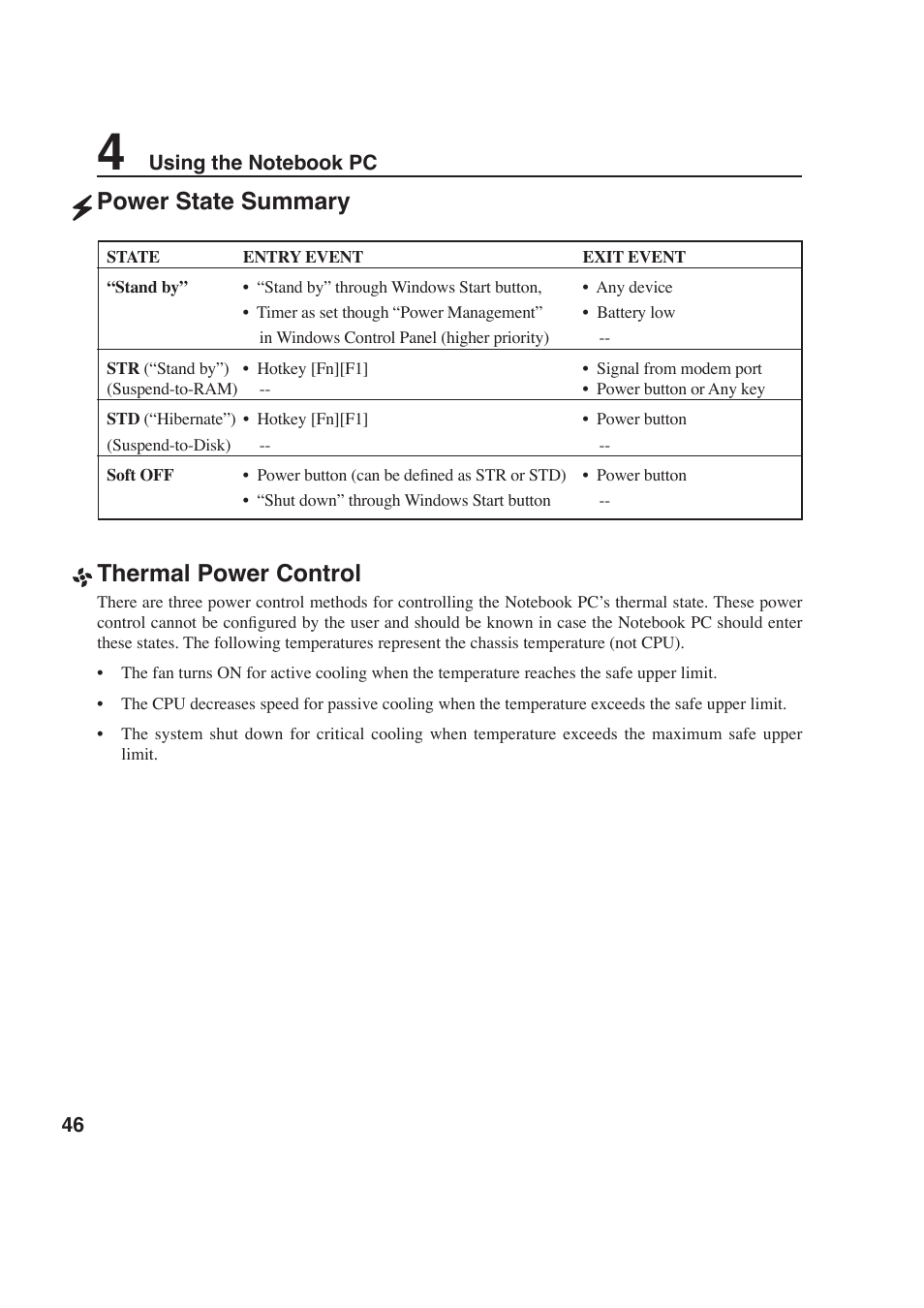 Power state summary thermal power control | Asus W6F User Manual | Page 46 / 69