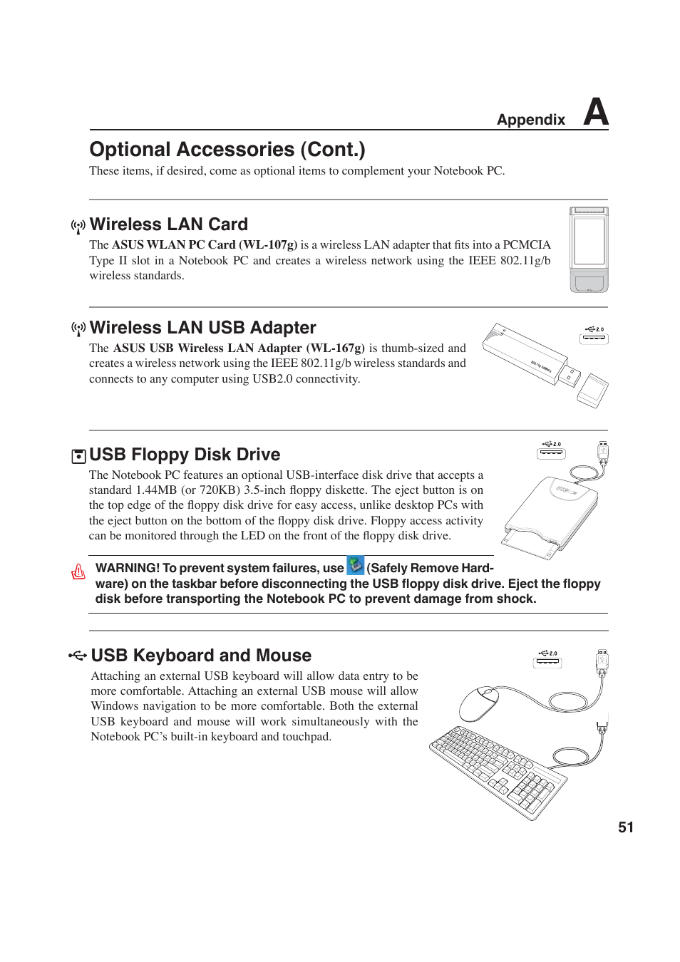 Optional accessories (cont.), Wireless lan card, Wireless lan usb adapter | Usb keyboard and mouse, Usb floppy disk drive | Asus W6F User Manual | Page 51 / 69