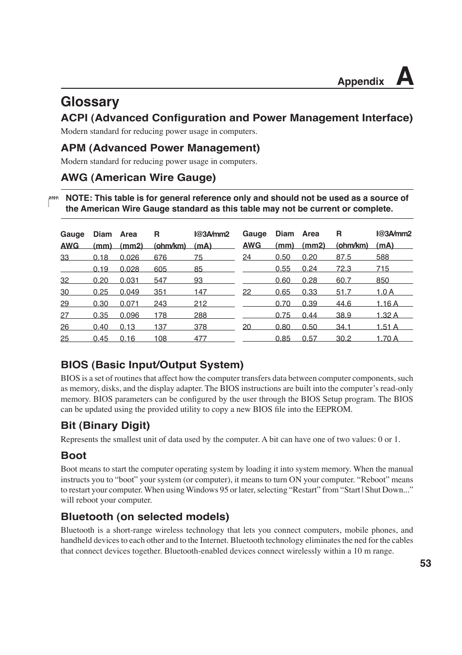 Glossary, 53 appendix, Apm (advanced power management) | Awg (american wire gauge), Bios (basic input/output system), Bit (binary digit), Boot, Bluetooth (on selected models) | Asus W6F User Manual | Page 53 / 69