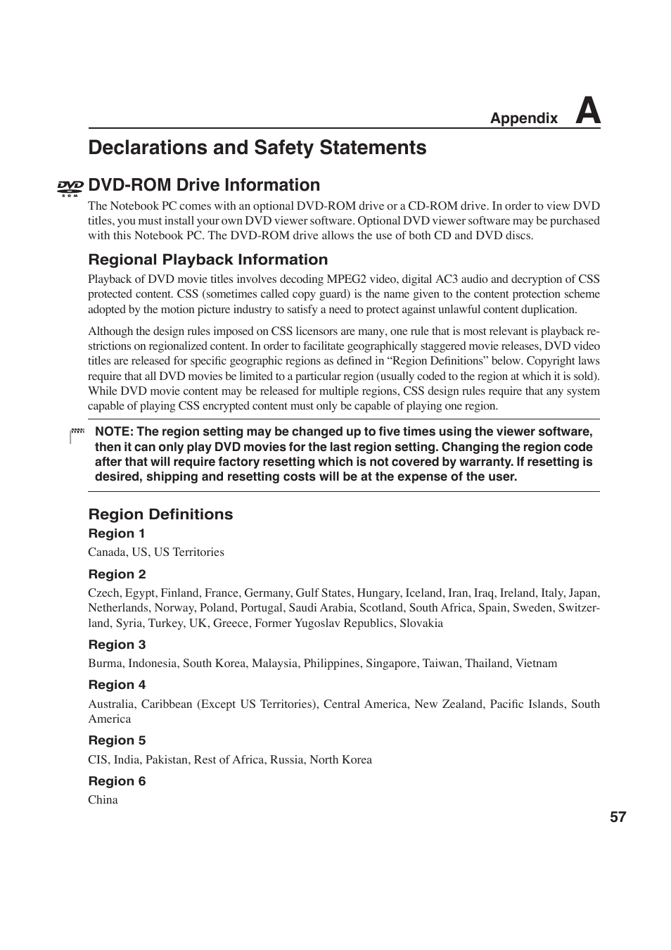 Declarations and safety statements, Dvd-rom drive information | Asus W6F User Manual | Page 57 / 69