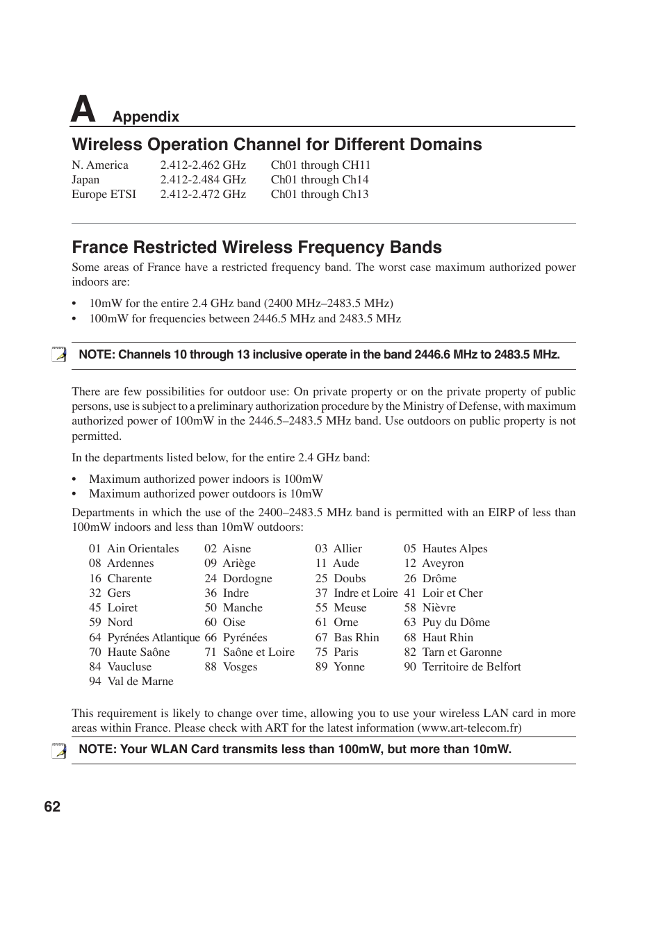 France restricted wireless frequency bands, Wireless operation channel for different domains, Appendix | Asus W6F User Manual | Page 62 / 69