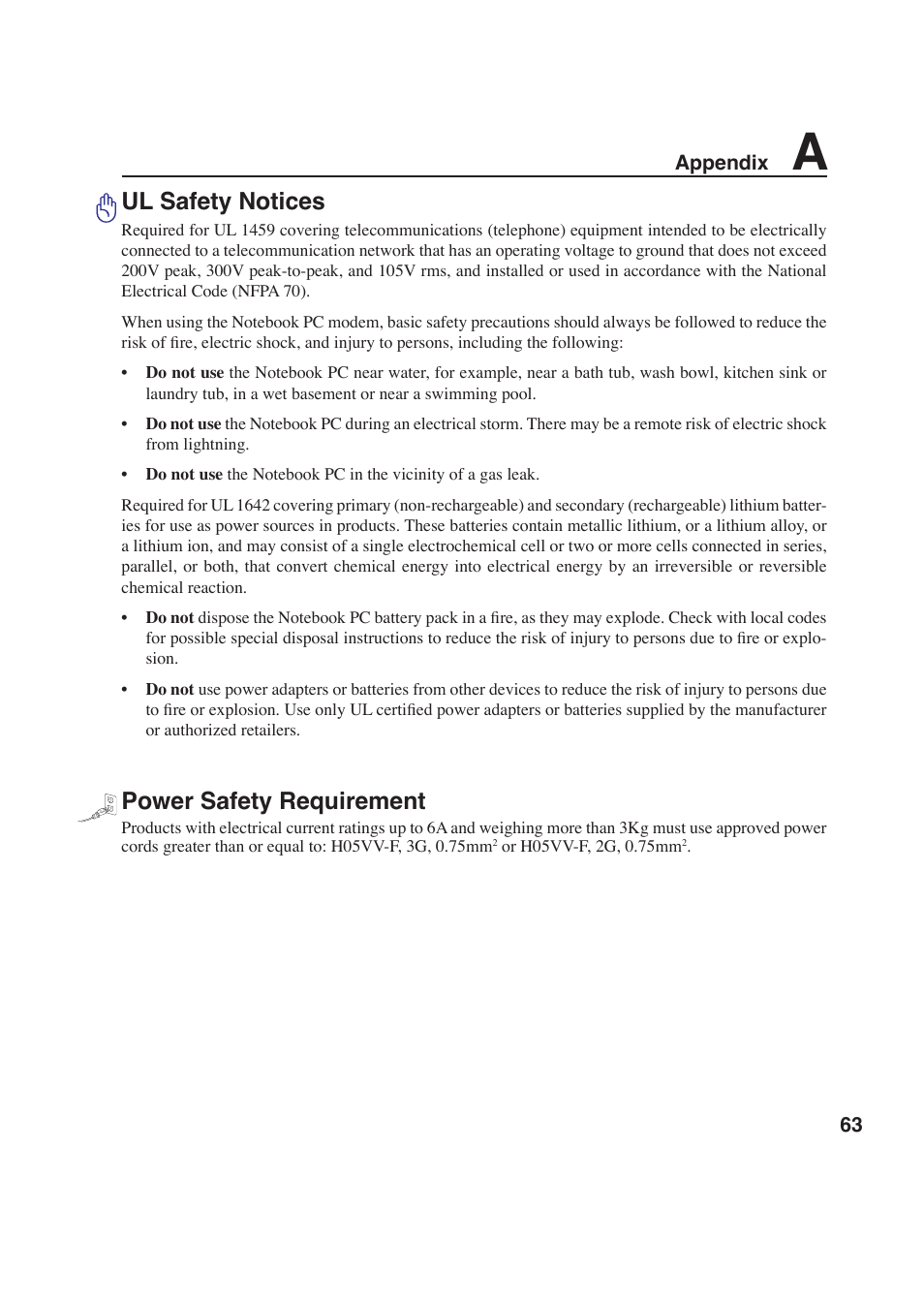 Ul safety notices, Power safety requirement | Asus W6F User Manual | Page 63 / 69