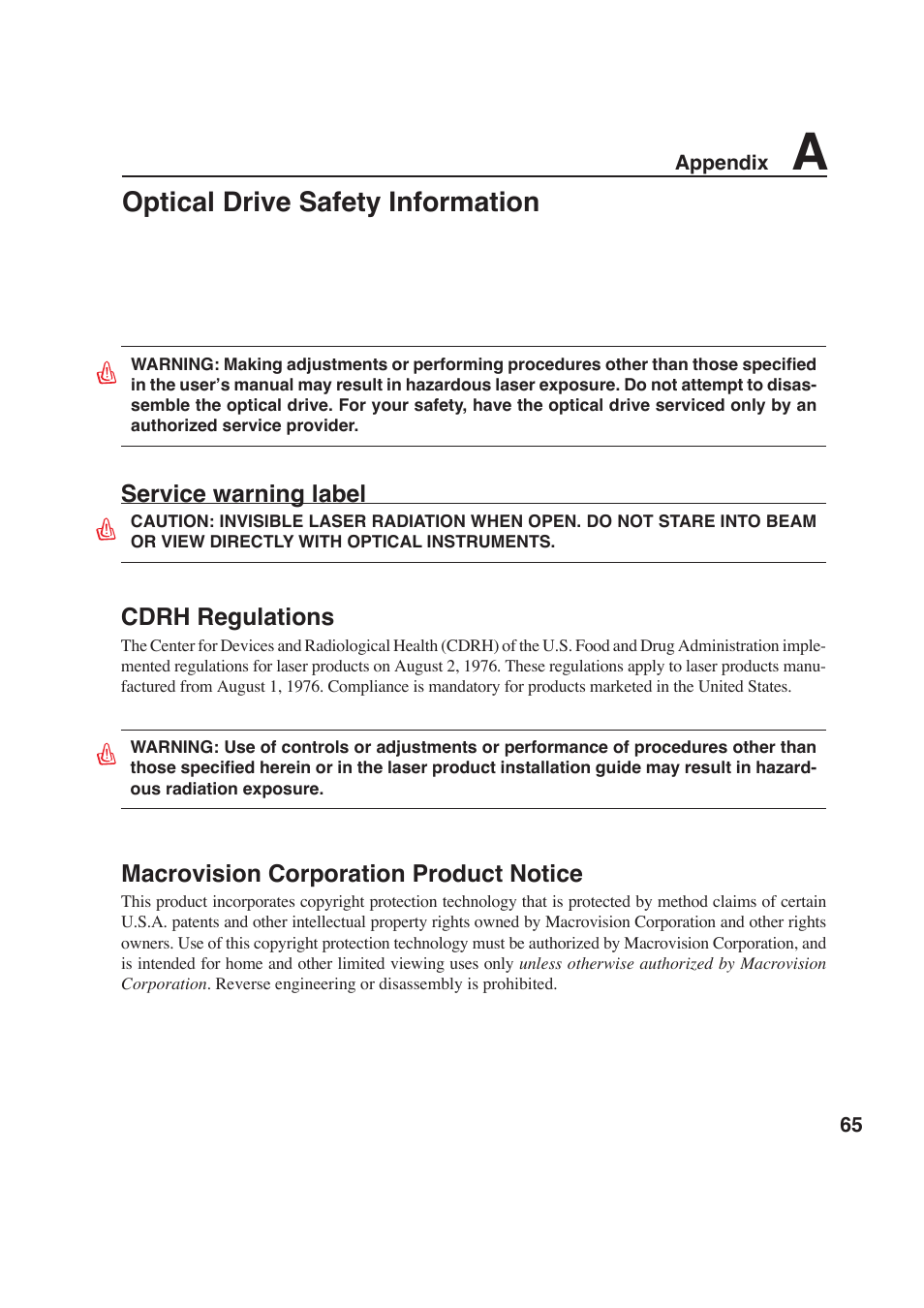 Optical drive safety information | Asus W6F User Manual | Page 65 / 69
