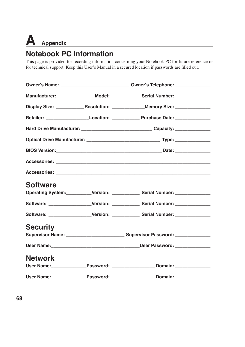 Software, Security, Network | Asus W6F User Manual | Page 68 / 69