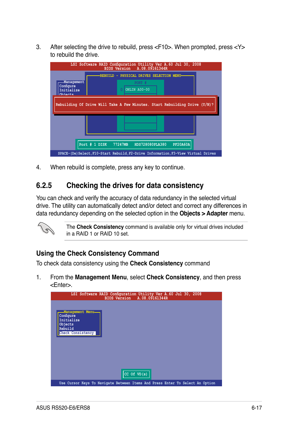 5 checking the drives for data consistency, Checking the drives for data consistency -17, Using the check consistency command | Asus RS520-E6/ERS8 User Manual | Page 111 / 146