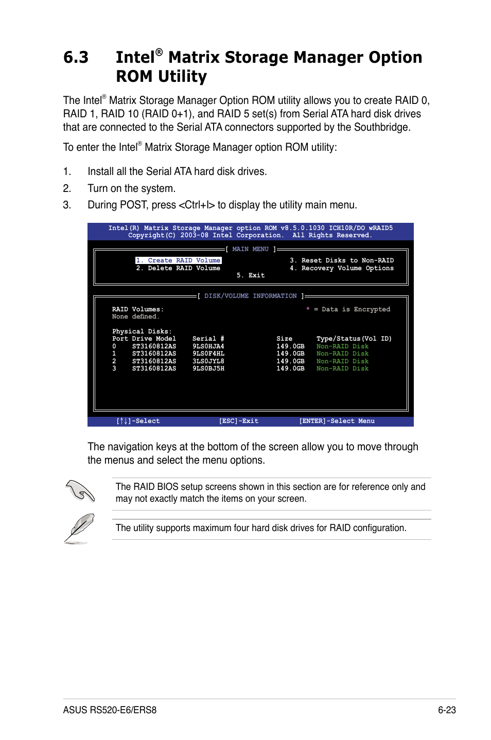 Intel, Matrix storage manager option rom utility -23, 3 intel | Matrix storage manager option rom utility, The intel | Asus RS520-E6/ERS8 User Manual | Page 117 / 146