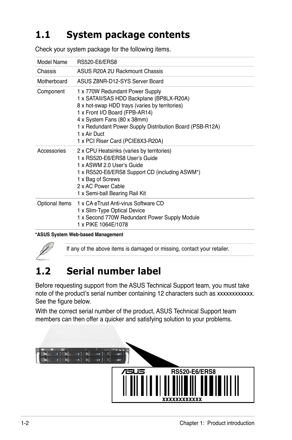 1 system package contents, 2 serial number label, System package contents -2 | Serial number label -2 | Asus RS520-E6/ERS8 User Manual | Page 12 / 146