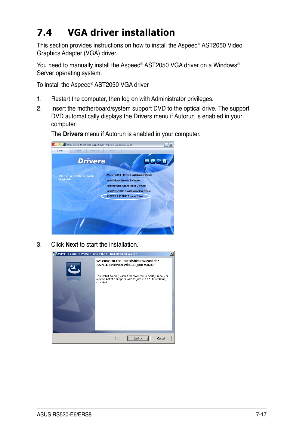 4 vga driver installation, Vga driver installation -17 | Asus RS520-E6/ERS8 User Manual | Page 143 / 146