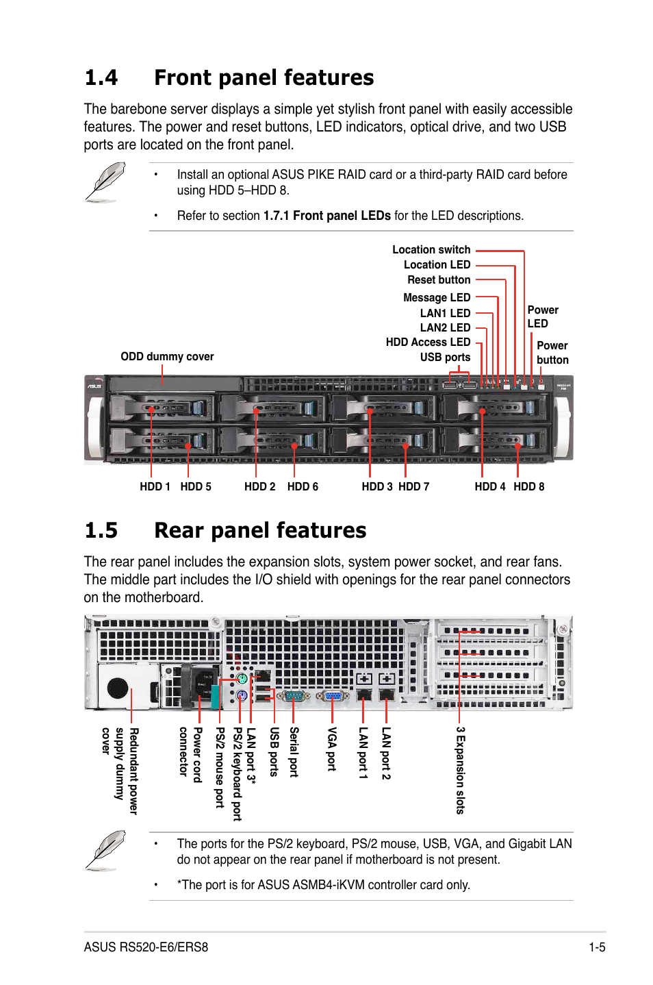 4 front panel features, 5 rear panel features, Front panel features -5 | Rear panel features -5 | Asus RS520-E6/ERS8 User Manual | Page 15 / 146