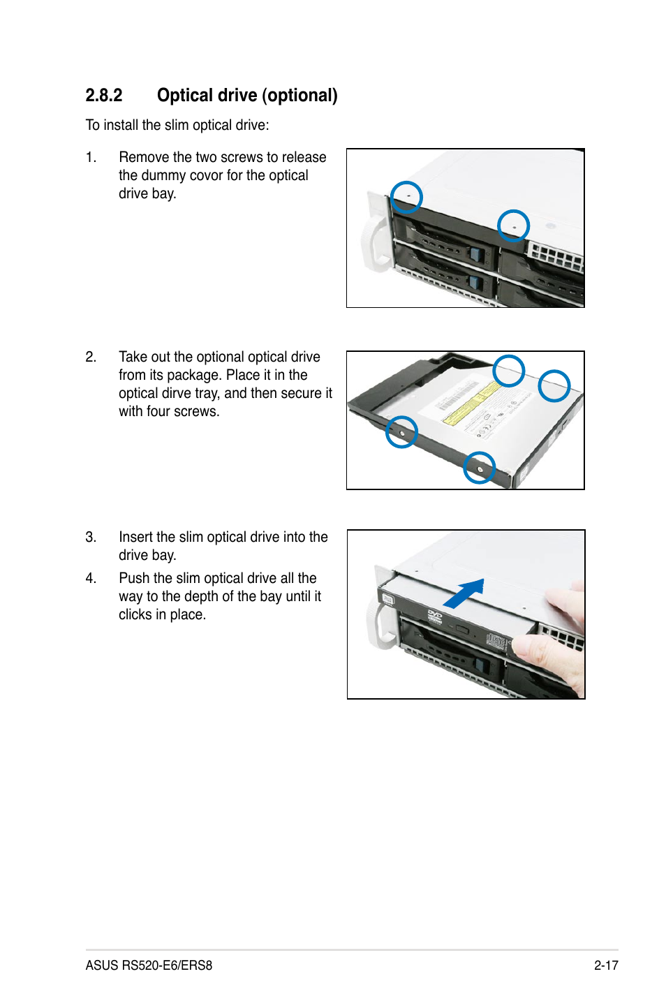 2 optical drive (optional), Optical drive (optional) -17 | Asus RS520-E6/ERS8 User Manual | Page 35 / 146