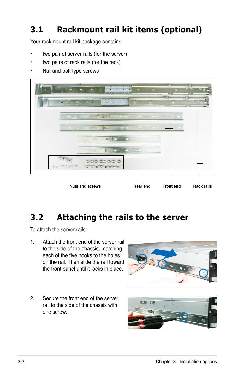 1 rackmount rail kit items (optional), 2 attaching the rails to the server, Rackmount rail kit items (optional) -2 | Attaching the rails to the server -2 | Asus RS520-E6/ERS8 User Manual | Page 42 / 146