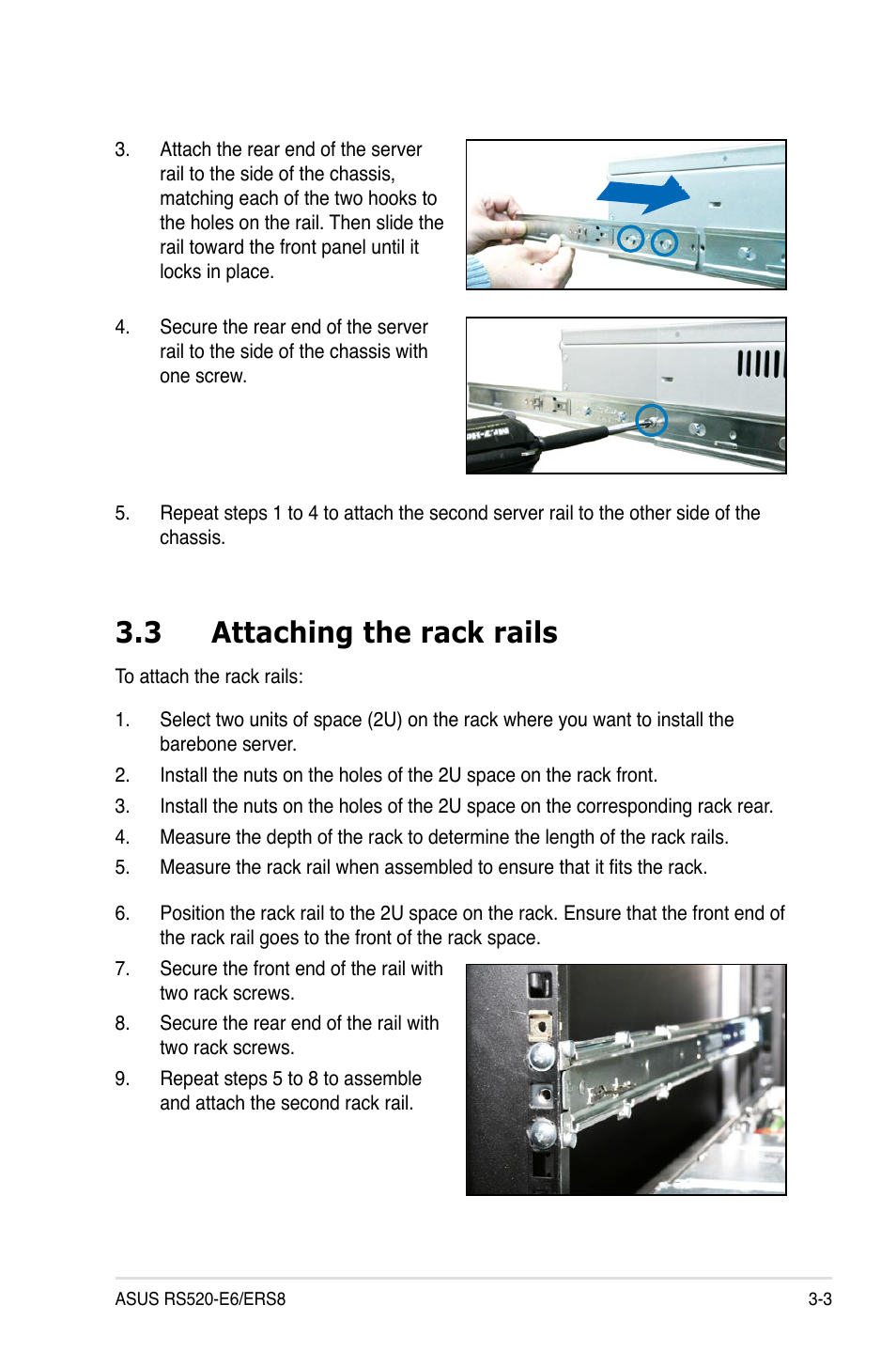 3 attaching the rack rails, Attaching the rack rails -3 | Asus RS520-E6/ERS8 User Manual | Page 43 / 146