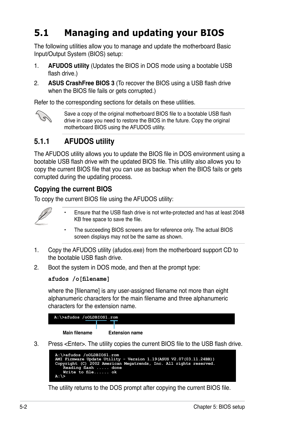 1 managing and updating your bios, 1 afudos utility, Managing and updating your bios -2 5.1.1 | Afudos utility -2, Copying the current bios | Asus RS520-E6/ERS8 User Manual | Page 62 / 146