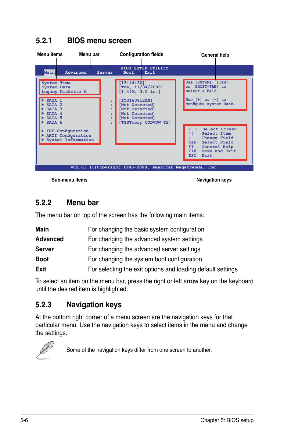 1 bios menu screen, 2 menu bar, 3 navigation keys | Bios menu screen -6, Menu bar -6, Navigation keys -6 | Asus RS520-E6/ERS8 User Manual | Page 66 / 146