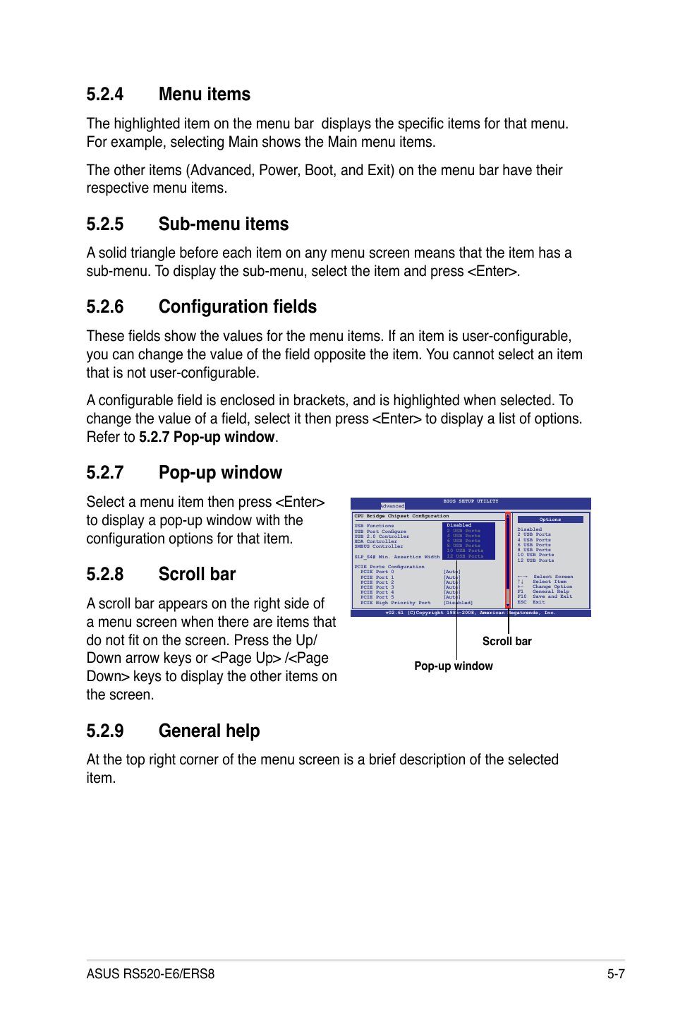 4 menu items, 5 sub-menu items, 6 configuration fields | 7 pop-up window, 8 scroll bar, 9 general help, Menu items -7, Sub-menu items -7, Configuration fields -7, Pop-up window -7 | Asus RS520-E6/ERS8 User Manual | Page 67 / 146