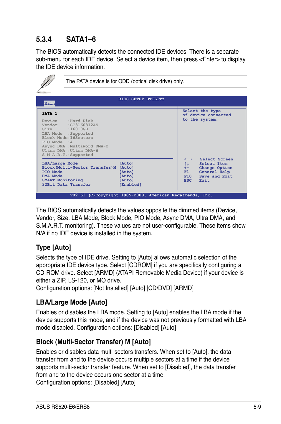 4 sata1–6, Sata1–6 -9, Type [auto | Lba/large mode [auto, Block (multi-sector transfer) m [auto | Asus RS520-E6/ERS8 User Manual | Page 69 / 146