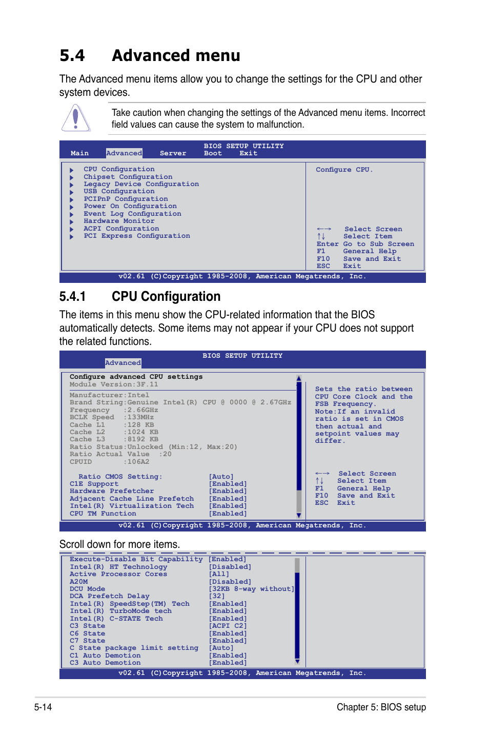 4 advanced menu, 1 cpu configuration, Advanced menu -14 5.4.1 | Cpu configuration -14, Scroll down for more items, 14 chapter 5: bios setup | Asus RS520-E6/ERS8 User Manual | Page 74 / 146