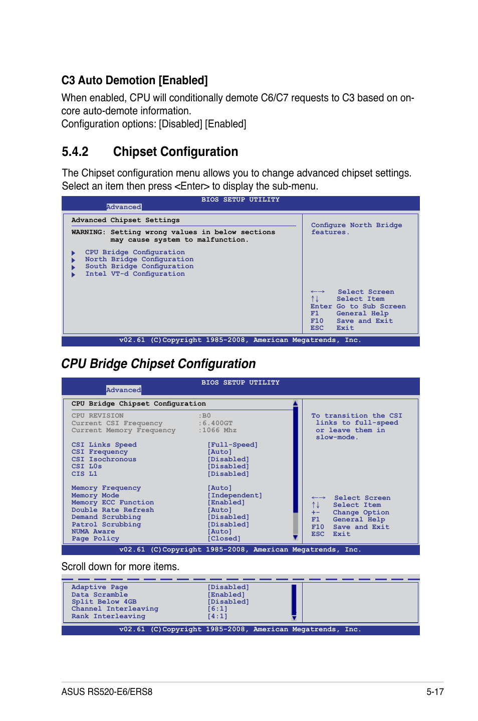 2 chipset configuration, Chipset configuration -17, Cpu bridge chipset configuration | C3 auto demotion [enabled, Scroll down for more items | Asus RS520-E6/ERS8 User Manual | Page 77 / 146