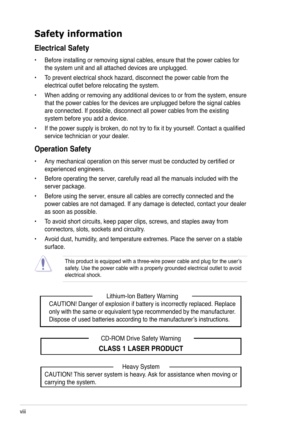 Safety information, Electrical safety, Operation safety | Asus RS520-E6/ERS8 User Manual | Page 8 / 146
