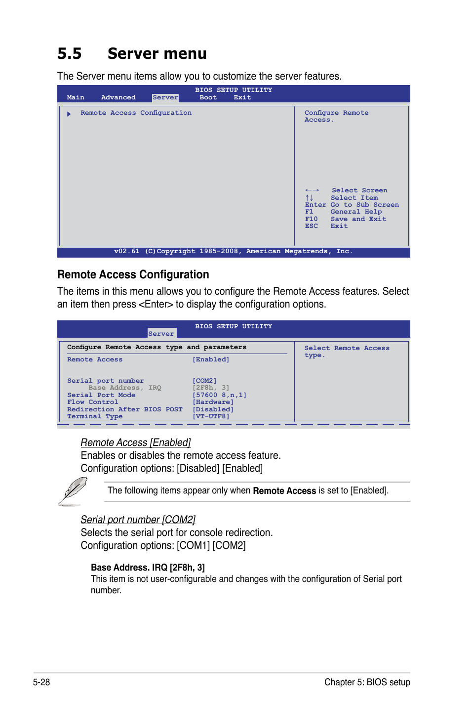 5 server menu, Server menu -28, Remote access configuration | Asus RS520-E6/ERS8 User Manual | Page 88 / 146