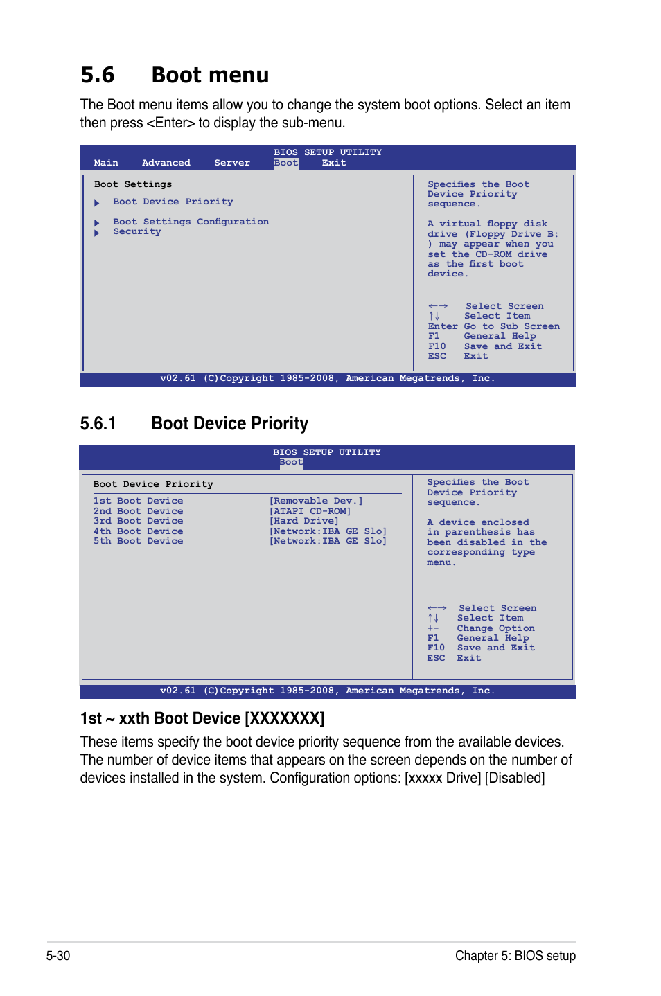 6 boot menu, 1 boot device priority, Boot menu -30 5.6.1 | Boot device priority -30, 30 chapter 5: bios setup | Asus RS520-E6/ERS8 User Manual | Page 90 / 146