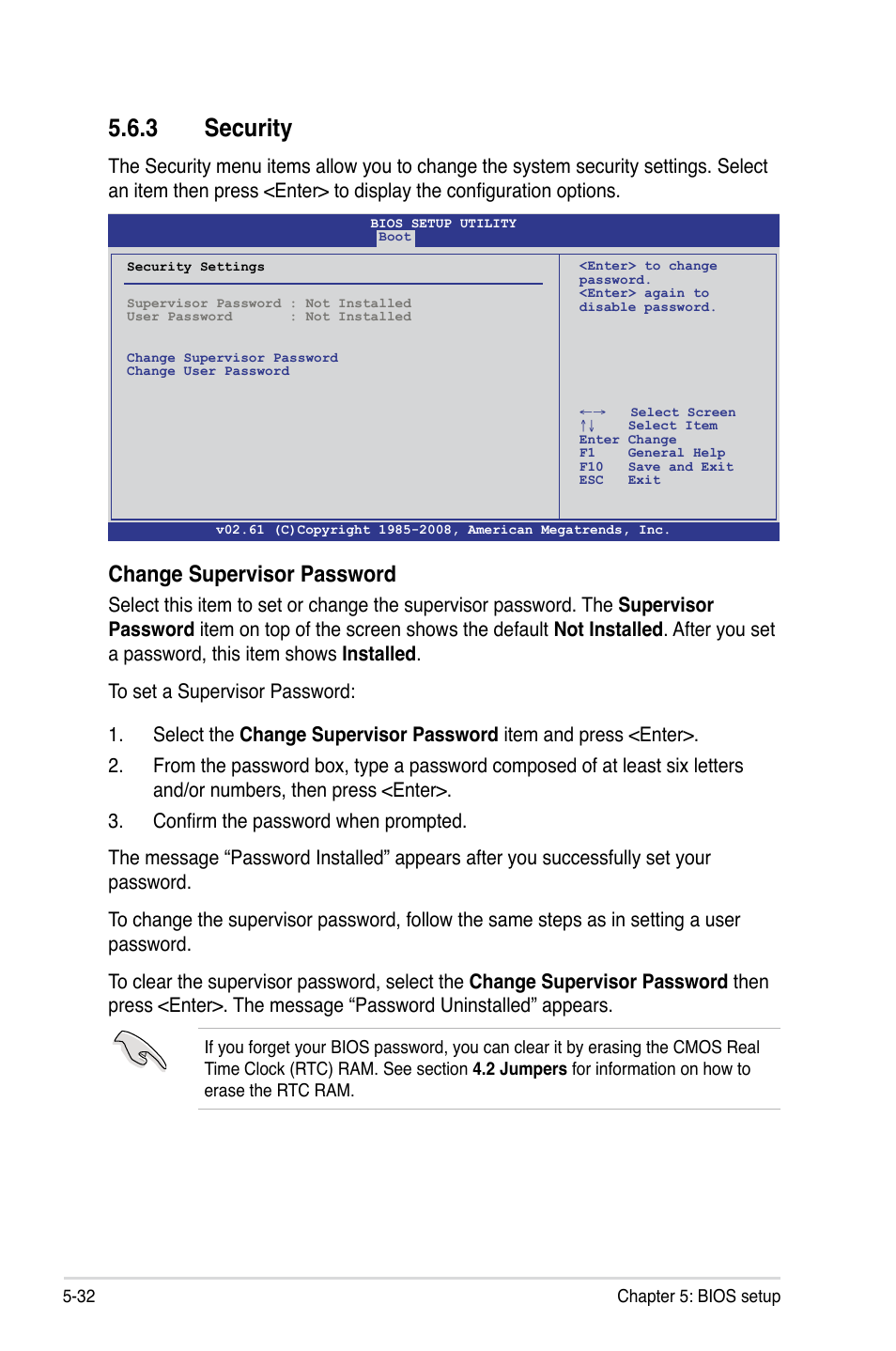 3 security, Security -32, Change supervisor password | Asus RS520-E6/ERS8 User Manual | Page 92 / 146