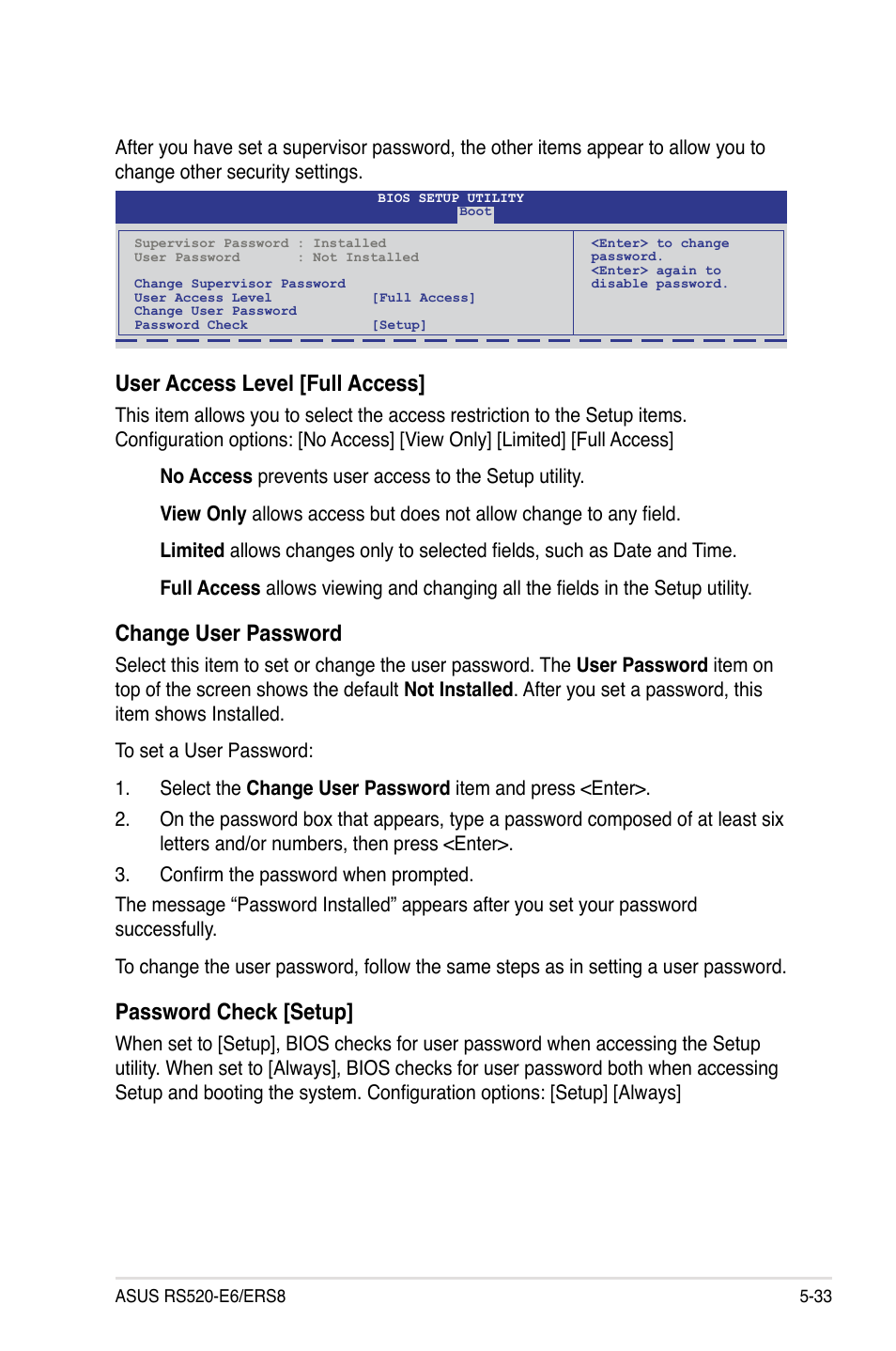 User access level [full access, Change user password, Password check [setup | Asus RS520-E6/ERS8 User Manual | Page 93 / 146