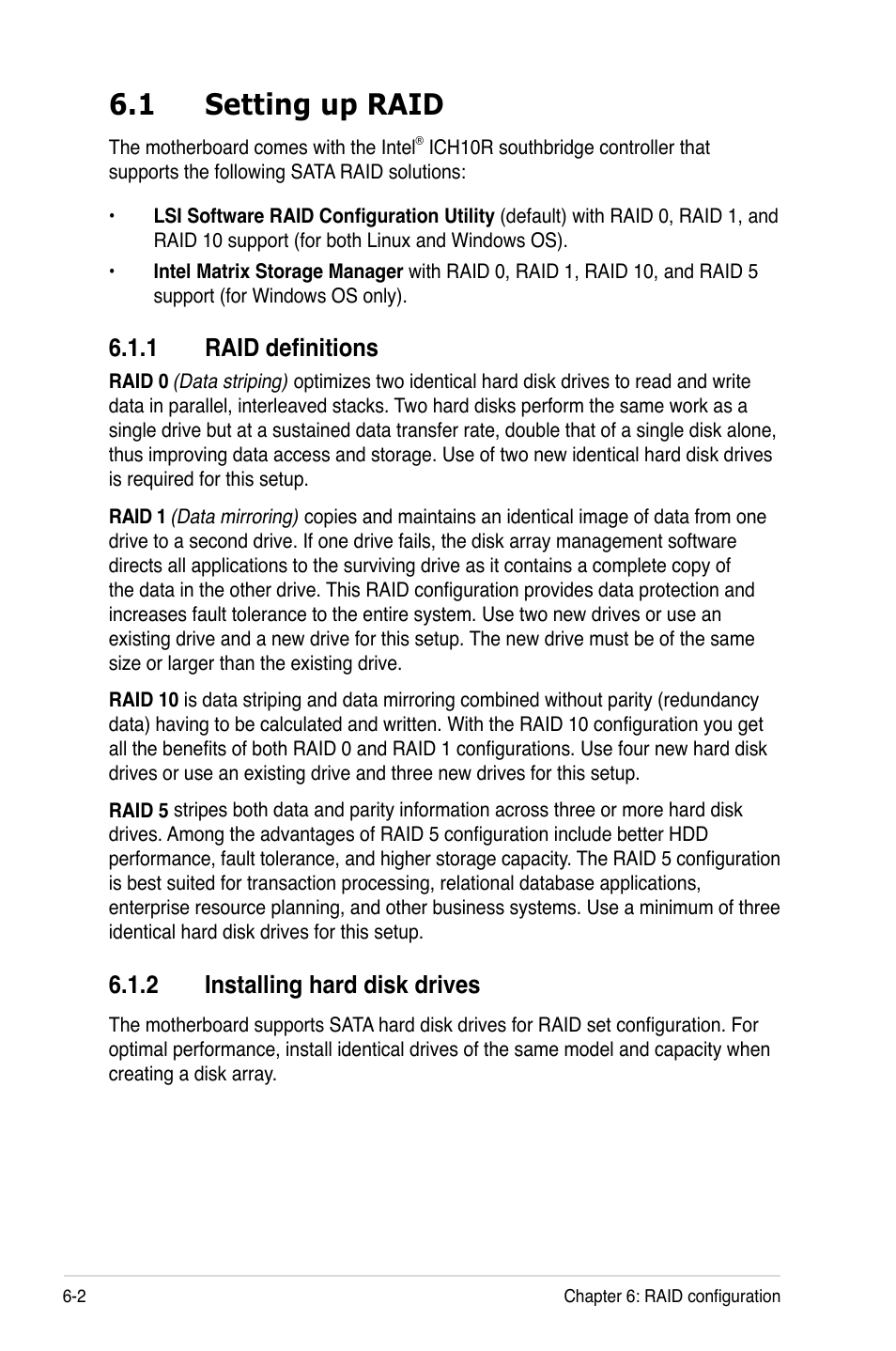 1 setting up raid, 1 raid definitions, 2 installing hard disk drives | Setting up raid -2 6.1.1, Raid definitions -2, Installing hard disk drives -2 | Asus RS520-E6/ERS8 User Manual | Page 96 / 146