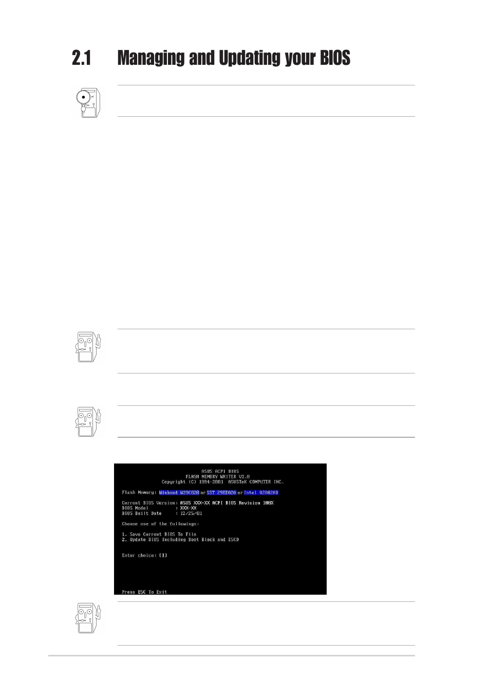1 managing and updating your bios, 1 using aflash to update the bios | Asus P4SE/U2 User Manual | Page 36 / 70