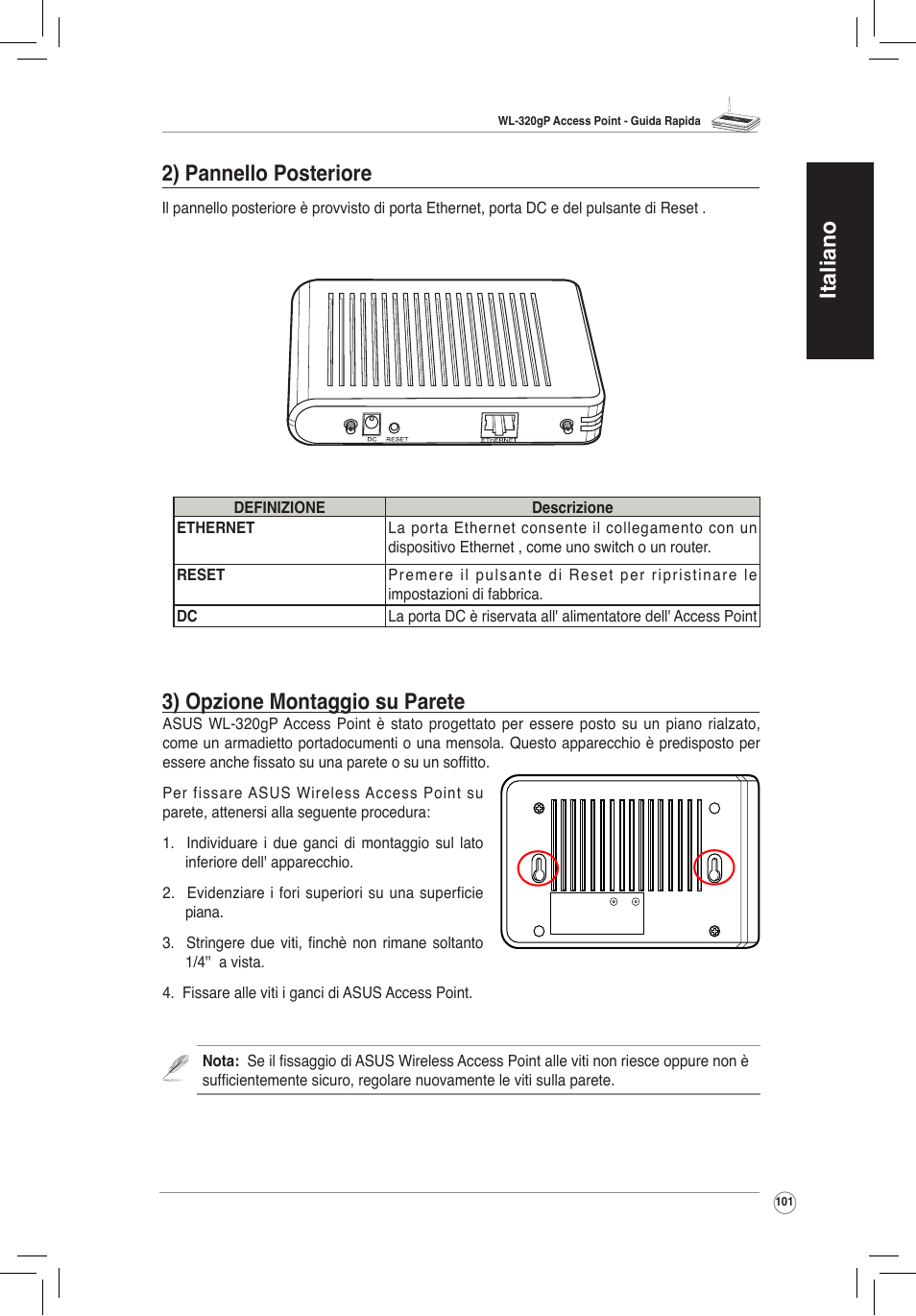 Italiano 3) opzione montaggio su parete, 2) pannello posteriore | Asus WL-320gP User Manual | Page 102 / 172