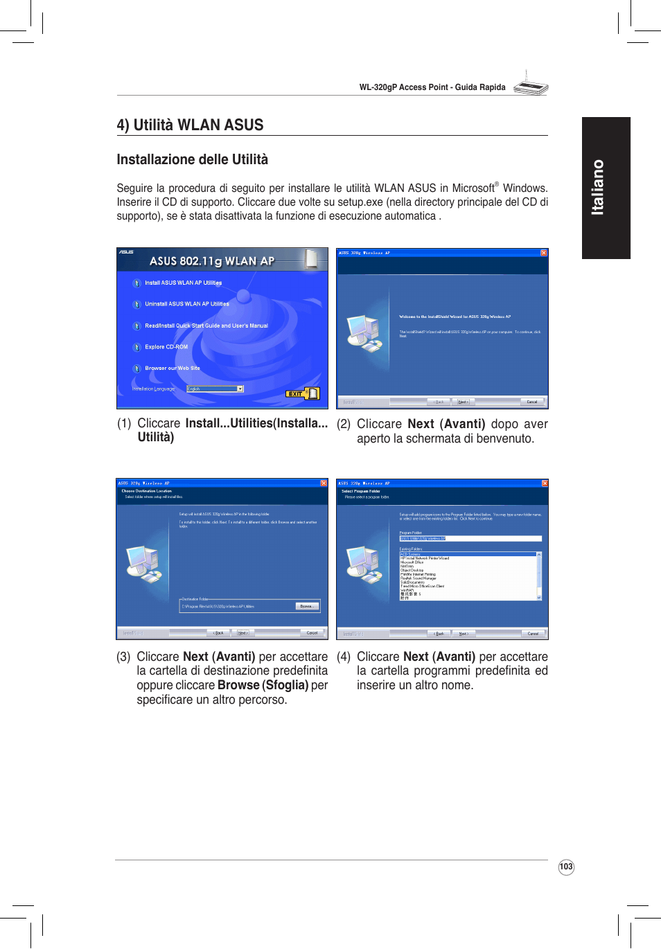 Italiano 4) utilità wlan asus | Asus WL-320gP User Manual | Page 104 / 172